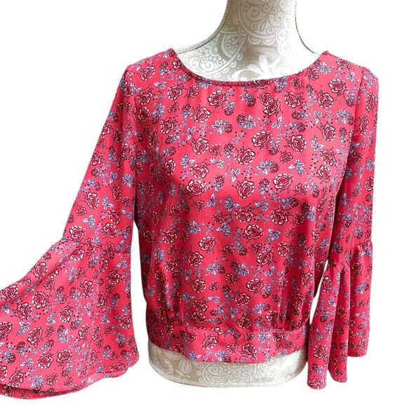 Jack by BB Dakota Red Floral Bell Sleeve Blouse M Tie Back Sheer Boho Romantic - Picture 3 of 12
